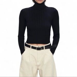 Zara Black Ribbed Long-sleeve Funnel Turtleneck Cropped Woman's Size Medium